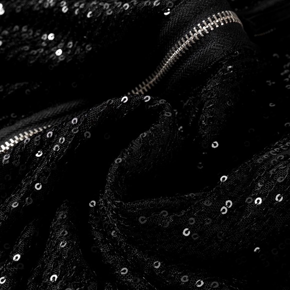 Black Sequin Zip up Round Neck Long Sleeve Jacket - Picture 11 of 16